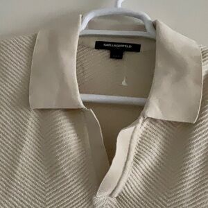 KARL LAGERFELD CHEVRON TEXTURED KNIT V-NECK OATMEAL POLO SHIRT SIZE M NWT